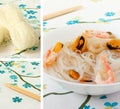 Chinese rice noodles and seafood.Collage Royalty Free Stock Photo