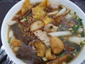 Chinese roll noodle soup name `Kuay Jab` thai food closed up