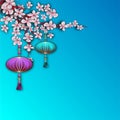 Chinese sakura for concept design. Cherry blossom. Beautiful design template for decoration. Spring pattern. Blue background