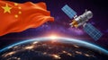 Chinese satellite and flag over earth at sunrise in space Royalty Free Stock Photo