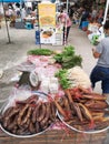 Chinese sausage and dried meat in sale at Yunnan morning Friday market in Chiang Mai.