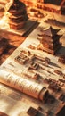 A Chinese scroll opened on the table featuring ancient architecture depicted through miniature models of buildings and figures