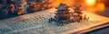 A Chinese scroll opened on the table featuring ancient architecture depicted through miniature models of buildings and figures
