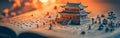 A Chinese scroll opened on the table featuring ancient architecture depicted through miniature models of buildings and figures