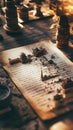 A Chinese scroll opened on the table featuring ancient architecture depicted through miniature models of buildings and figures