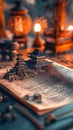A Chinese scroll opened on the table featuring ancient architecture depicted through miniature models of buildings and figures