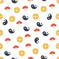 Chinese seamless pattern with feng shui chinese coin with hole, yin-yang, fan, paper lantern