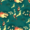 Chinese seamless pattern in traditional asian style. Crane, koi fish, dragon, clouds and flowers. China design