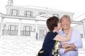 Chinese Senior Adult Couple Hug In Front Of House Drawing Royalty Free Stock Photo