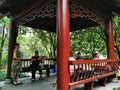 Chinese senior citizens play musical instrument in the pavilion ,wuhan city