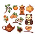 Chinese set with asian elements - panda, orange, lantern, tea, China food, spring blossom flowers. Vector cartoon Royalty Free Stock Photo