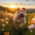 Chinese Shar-Pei puppy running through a field of wildflowers in the golden hour by AI generated