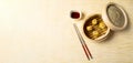 Chinese snacks. chinese yellow steamed dumpling. Chinese Traditional cuisine concept. Dumplings Dim Sum in bamboo steamer with Royalty Free Stock Photo