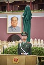 Chinese soldier stands guard in front of the Forbidden City entrance at the Tiananmen Square in Beijing, China Royalty Free Stock Photo