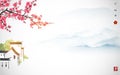 Chinese south village, far blue mountains and blossoming plum tree on white background. Traditional oriental ink Royalty Free Stock Photo