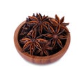 Chinese star anise seed in Chinese star anise seed in wooden bow Royalty Free Stock Photo