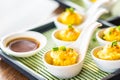 Chinese steam shrimp dumpling with sauce Royalty Free Stock Photo