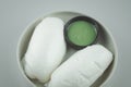 Chinese steamed bread mantou served with  pandan custard is a common dipping sauce in Thai style Royalty Free Stock Photo