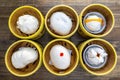 Chinese steamed buns on a plate and bamboo baskets,Breakfast chinese food style Royalty Free Stock Photo