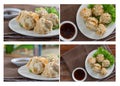 Chinese Steamed Dumpling, Shumai on white dish served with soy sauce on wooden table. Delicious Dimsum pork Royalty Free Stock Photo