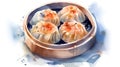 Chinese steamed dumplings in bamboo steamer. Watercolor illustration
