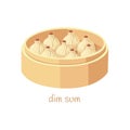 Chinese steamed pork bun dim sum on a bamboo tray, vector illustration Royalty Free Stock Photo