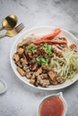 Chinese Steamed Rice Noodles with pork ,sausage,imitation Crab Stick,Ã Â¸Â´boil bean sprouts,mushroom and tofu in sweet soy sauce