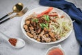 Chinese Steamed Rice Noodles with pork ,sausage,imitation Crab Stick,boil bean sprouts,mushroom and tofu in sweet soy sauce in whi