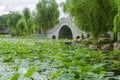 Chinese stone arch bridge architecture on the lake in a park. Royalty Free Stock Photo
