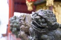 Chinese stone lion god statue on a rainy day Royalty Free Stock Photo