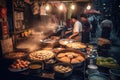 Chinese street food scene, featuring popular snacks like scallion pancakes, steamed baozi, skewers of grilled meat in vibrant,