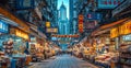 Chinese street market view with fruit and veg stalls, local tourists attraction.