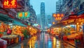 Chinese street market view with fruit and veg stalls, local tourists attraction.