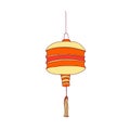 Chinese street paper lantern hanging on string. Festive collapsible Asian light for China holiday. Oriental fortune lamp