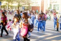 Chinese students home after school through traffic intersection