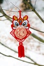 Chinese style blessing sign hangs on the branch.