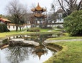 Chinese-style buildings in the Chinese garden Chinagarten and along the Lake Zurich ZÃÂ¼richsee, Zurichsee or Zuerichsee Royalty Free Stock Photo