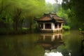 Chinese-style house on the lake, beautifully reflected in the water, amusement park Royalty Free Stock Photo
