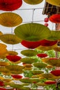 Chinese-style oil-paper umbrellas hanging on the ceiling in the streets of the ancient town Royalty Free Stock Photo