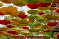 Chinese-style oil-paper umbrellas hanging on the ceiling in the streets of the ancient town Royalty Free Stock Photo