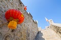 Chinese style stone wall and red paper lantern. Royalty Free Stock Photo