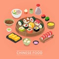 Chinese sushi vector food box, plate, chopsticks, top view, sushi set, tofu and tom dim traditional China soup. Set of