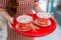 Chinese sweets dumpling from sticky rice, in syrup for serve Bride and Groom in wedding ceremony. The Chinese text in the photo is Royalty Free Stock Photo