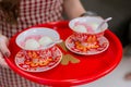 Chinese sweets dumpling from sticky rice, in syrup for serve Bride and Groom in wedding ceremony. The Chinese text in the photo is Royalty Free Stock Photo