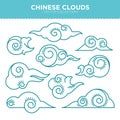 Chinese swirly clouds thin blue outlines vector collection