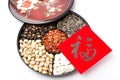 Chinese sytle snack tray and chinese calligraphy, meaning for bl Royalty Free Stock Photo