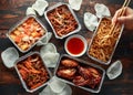 Chinese takeaway food. Crispy shredded beef, sweet and sour chicken wings, egg noodles with bean sprouts, pineapple Royalty Free Stock Photo