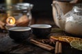 Chinese tea ceremony with ceramic cups with milk Oolong tea on wooden background. Traditional Asian drink