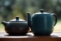 Chinese tea ceremony. Ceramic teapot made of clay and bowls. Generative ai Royalty Free Stock Photo