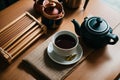 Chinese tea ceremony. Ceramic teapot made of clay and bowls. Generative ai Royalty Free Stock Photo